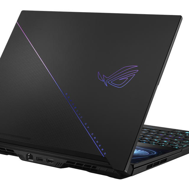 Off Center Rear View of the Rog Zephyrus Duo 16 With Rog Fearless Eye Logo and Slash